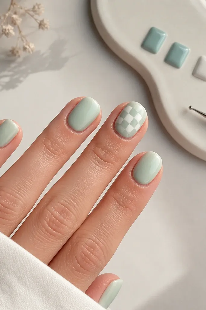 Short oval nails with a sheer seafoam base. The ring finger has a tiny checker pattern in white and seafoam squares near the middle. Other nails have only glossy seafoam. A magnetic palette holds small gel squares and a dotting tool.