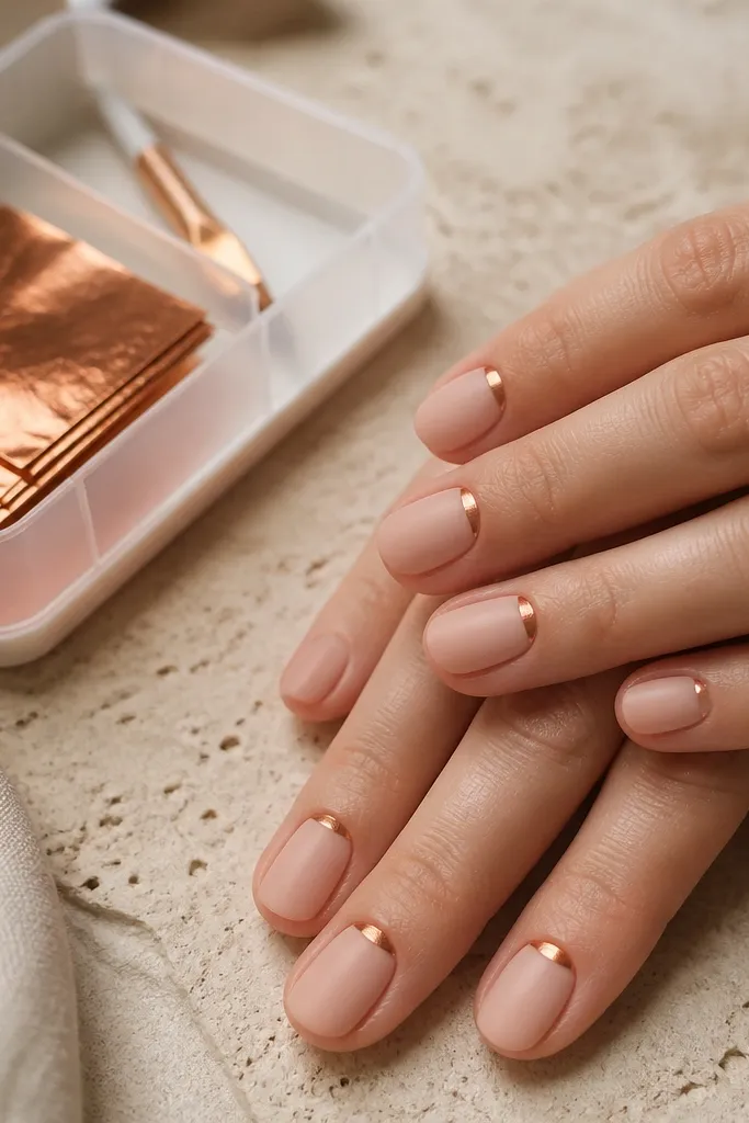 Short oval nails with a satin nude finish (slightly velvety, not matte-dry). Each nail has a very small copper half-moon at the cuticle, like a thin metallic crescent. One nail has a tiny copper dot next to the half-moon. A small storage organizer holds copper foil sheets and a tiny brush.