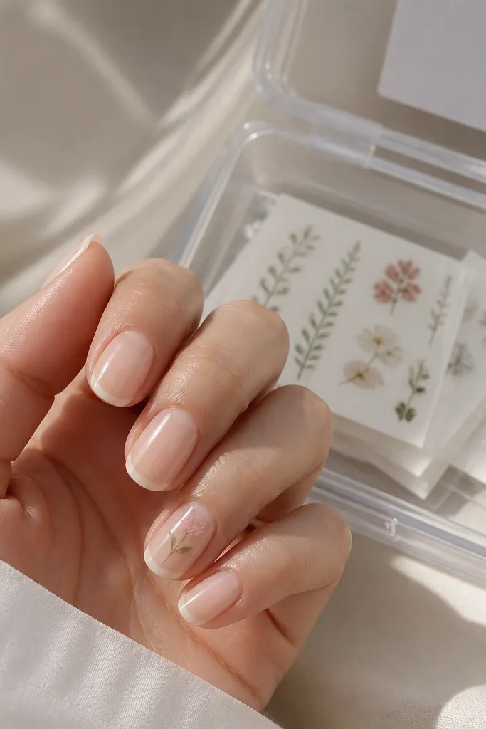 Short oval nails with clear tips and a sheer nude base. A tiny pressed flower decal sits under the clear layer on the ring finger, with a light green leaf and pale pink petal. Other nails are plain sheer nude with glossy finish. A clear nail storage box holds small decal sheets and an instruction card.