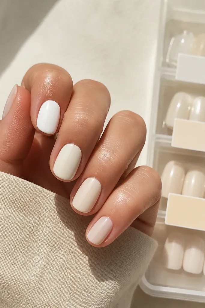 Short oval nails where each nail is a creamy off-white shade with slight differences: one is pure white, one is warm ivory, one is soft pearl, and one is milky cream. The nails are glossy. Next to them is a small storage organizer with tiny labels and color swatches.