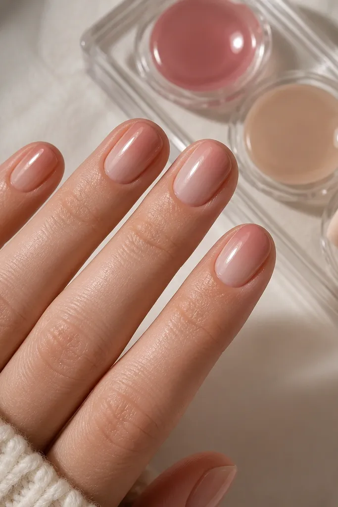 Short oval nails with an ombre that starts rose nude near the cuticle and fades to a lighter peachy nude at the tips. The gradient is smooth and glossy. A clear acrylic palette holds rose gel, nude gel, and a blending sponge.
