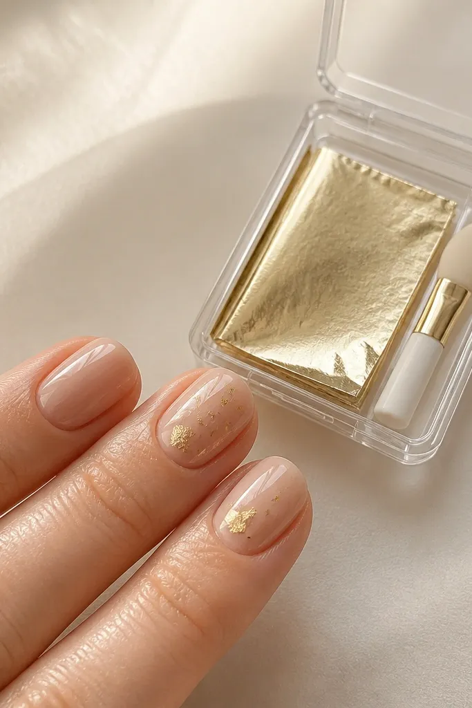 Short oval nails on a nude base. The ring and middle fingers have tiny gold foil confetti pieces scattered near the center. Other nails are plain glossy nude. A snap-shut mini storage case holds gold foil sheets and a foil transfer tool.
