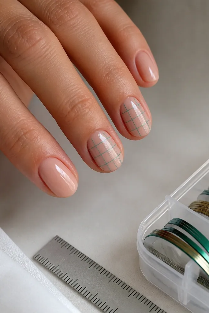 Short oval nails with a sheer nude base. A micro grid pattern in teal runs across two nails, made from very thin lines. The other nails are plain nude with glossy shine. In the corner is a clear-lid organizer holding thin striping tape strips and a ruler.