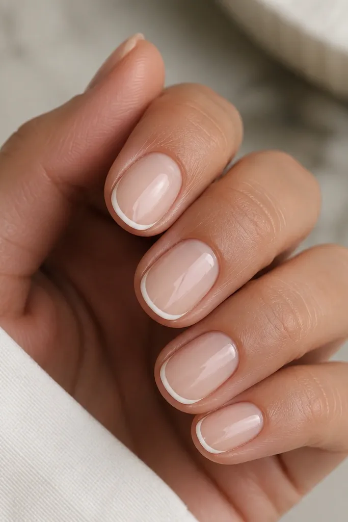 Short oval nails on a neutral skin tone hand: milky nude base with a super thin white smile line near the tip, no thick border, glossy finish, clean cuticles.