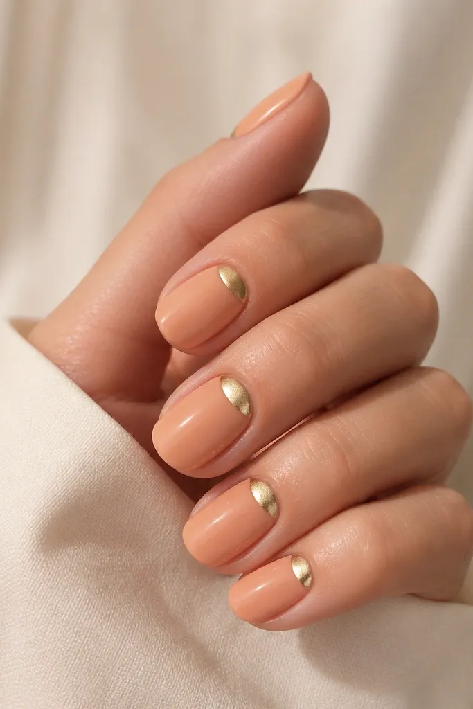 Short oval nails with a warm peach glazed base that looks slightly velvety, each nail has a small gold half-moon near the cuticle, glossy gold, matte-peach overall finish.