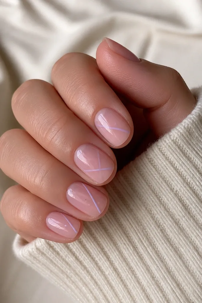 Short oval nails with a clear pink base, faint translucent look, thin icy lavender line art (one diagonal line per nail) and tiny dot accents, glossy finish.
