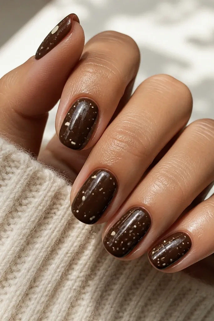 Short oval nails in a deep chocolate brown base with scattered tiny cream dots and a few micro specks, glossy finish, clean edges.