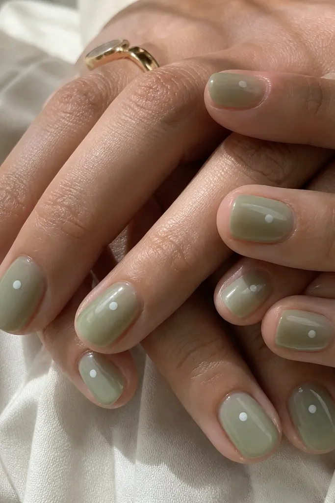 Short oval nails with a translucent sage green jelly base, a single crisp white dot centered on each nail, glossy finish.
