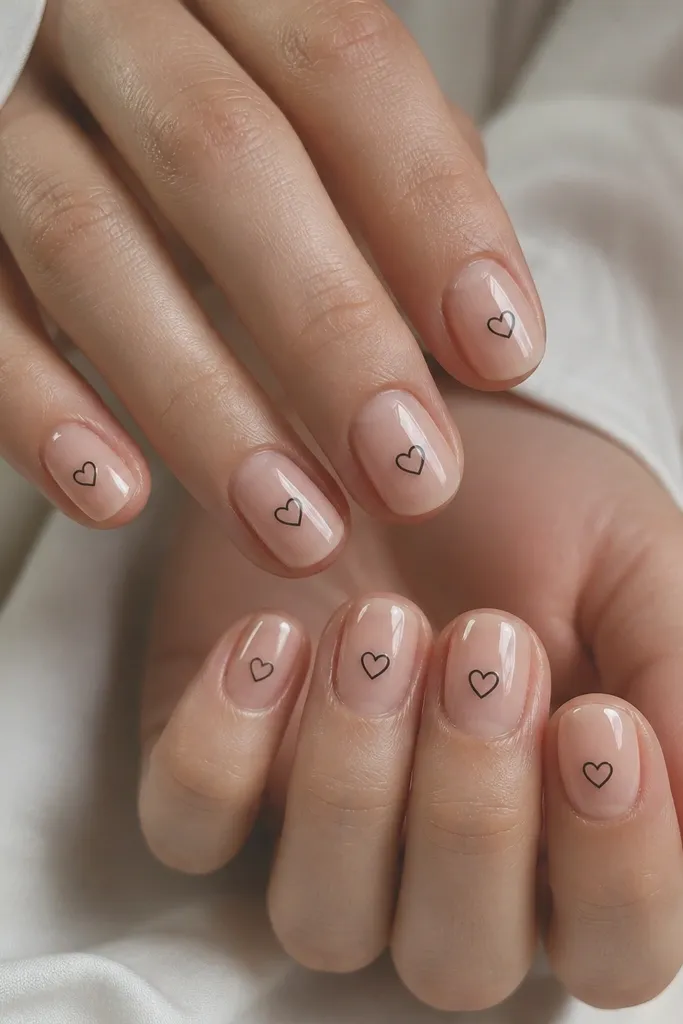 Short oval nails with clear nude base, tiny black outlined hearts near the center, one heart per nail, sharp glossy finish.