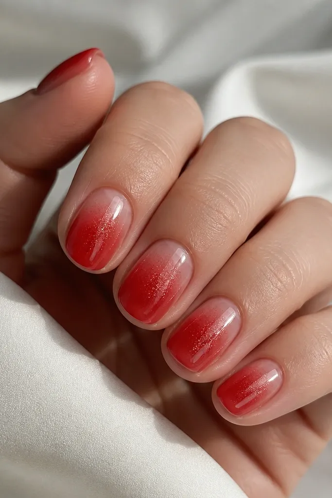 Short oval nails with a soft red gradient fading toward the cuticle, subtle shimmer that's concentrated at the center, glossy top coat.