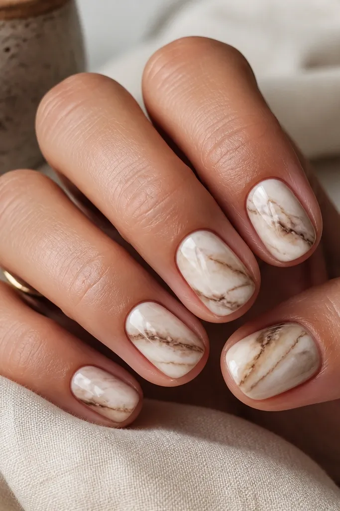 Short oval nails with a creamy off-white base, natural-looking mocha brown marble swipes and thin vein lines, glossy finish.