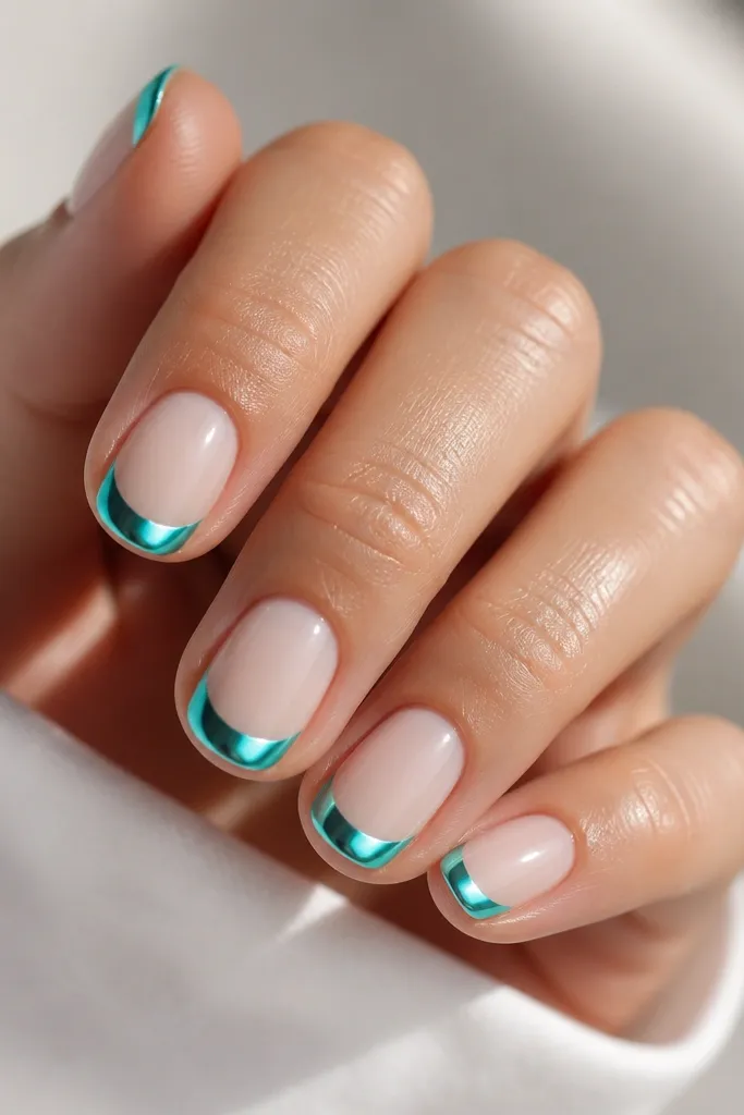 Short oval nails with milky sheer base and bright turquoise chrome only on the tip area, mirror-like shine, glossy top coat.