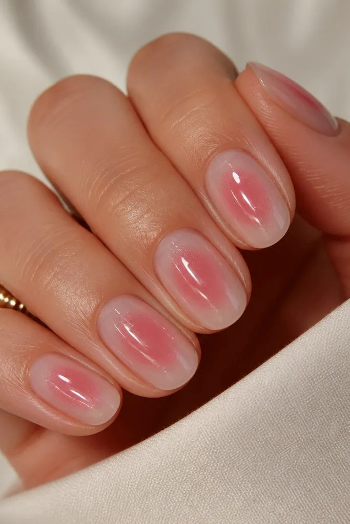 Short oval nails with clear negative space in the center, soft pink aura glow surrounding the center, subtle shimmer, glossy finish.