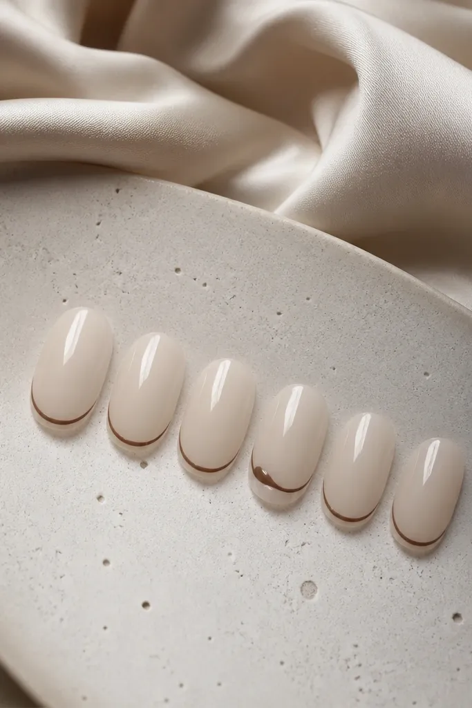 Six short oval press-on nails. The base is a milky cream nude. Each nail has a very thin French smile line in warm mocha brown, with a crisp curve and a glossy top coat. One accent nail has the same French line but slightly thicker at the center.