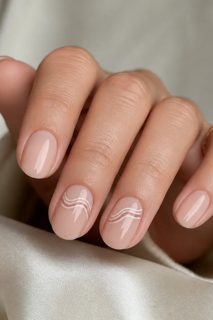 Five short oval nails in a sheer nude base with glossy finish. Two accent nails have a soft rose-latte swirl design: a thin cream-white swirl with a rose pink outline, sitting near the top third. The other nails are plain with a subtle micro-gloss sheen.