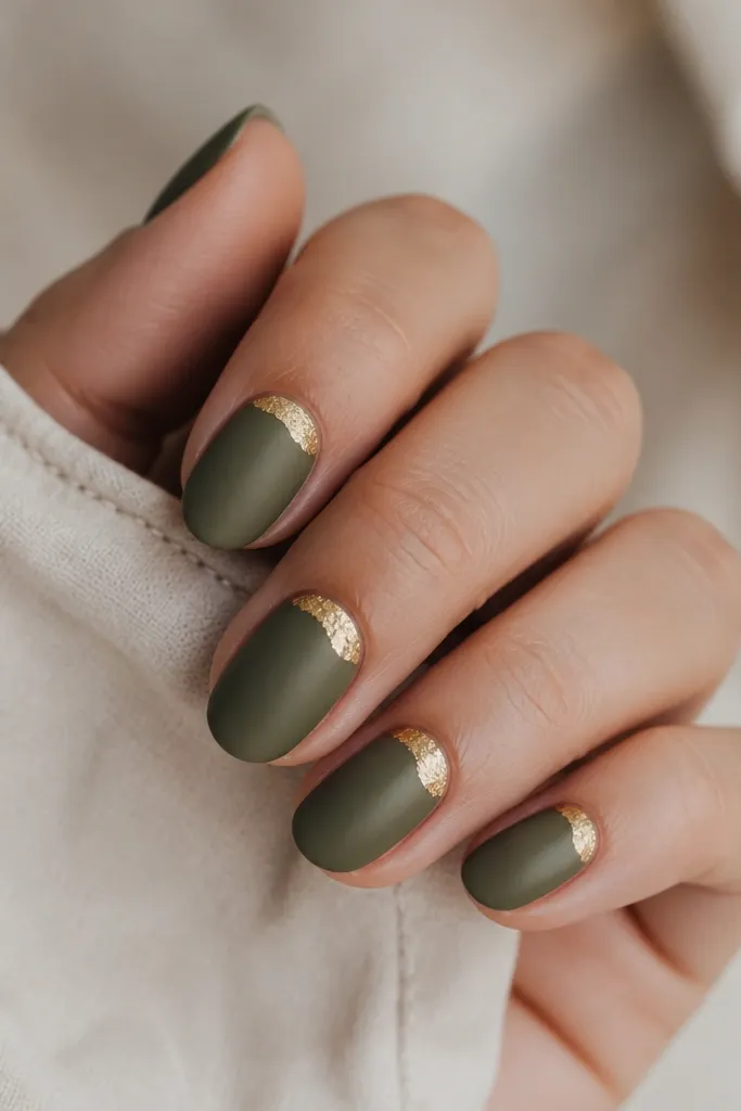 Short oval nails with a matte olive green base. On each nail, there are gold foil half-moon shapes at the cuticle area, like a crescent hugging the base. The gold has irregular foil texture, and the rest stays matte with no shine except the foil.