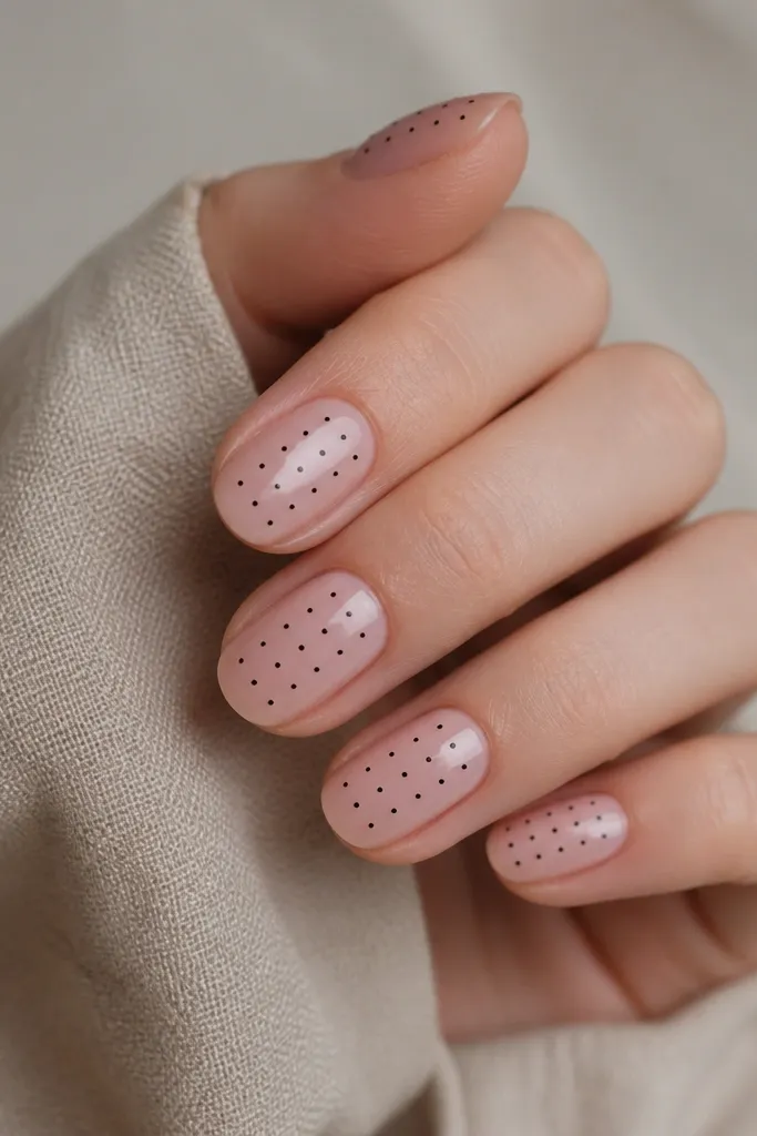 Short oval nails in sheer pink nude with glossy finish. Each nail has a neat grid of tiny black dots spaced evenly, mostly across the center. The dots are uniform and look like a stamped pattern, with no smears.