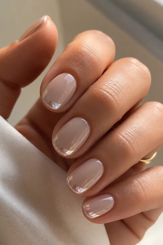 Short oval nails with a soft beige nude base. The tips have a glazed chrome arc, like a French tip but with a pearly, iridescent finish. The chrome fades slightly into the nude near the sidewalls, and the nails have a mirror-like shine.