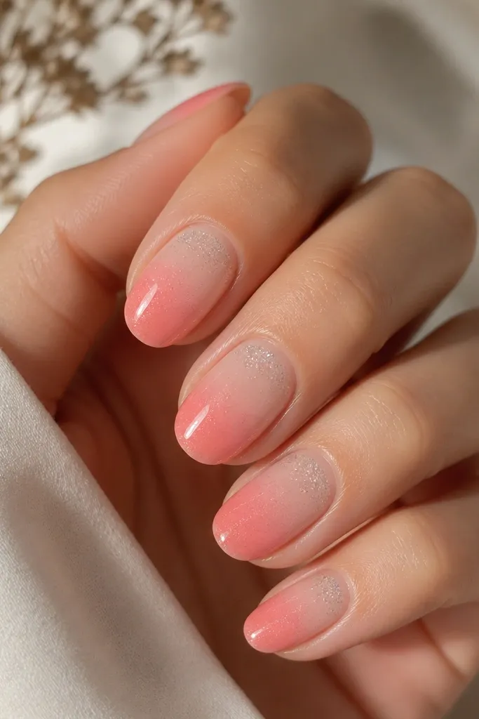Short oval nails with an ombre gradient. The base is nude at the cuticle, transitioning into salmon pink toward the tip. A micro-glitter layer fades in only at the top third, giving a soft sparkle without chunks.