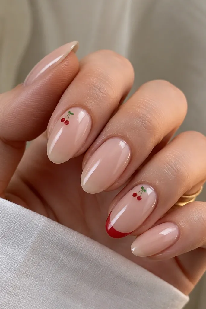 Four nails are sheer nude with glossy finish. Two nails (index and ring) have tiny cherry decals near the cuticle: small red cherries with green stems. One of those accent nails also has a glossy red half-panel on the tip, like a mini French.