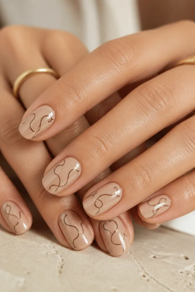 Short oval nails in a nude beige base with glossy finish. Each nail has thin chocolate-brown swirl line art near the center, like a continuous doodle. The swirls are line-only, with no filled shapes, and they look airy.