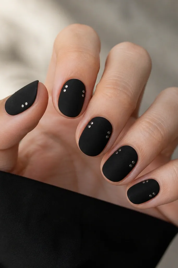 Short oval nails with a deep black velvet-matte finish. Each nail has two silver dot accents placed near the corners - one dot close to the left sidewall and one close to the right sidewall, aligned near the mid-to-upper third. The dots look like tiny studs but are paint dots.