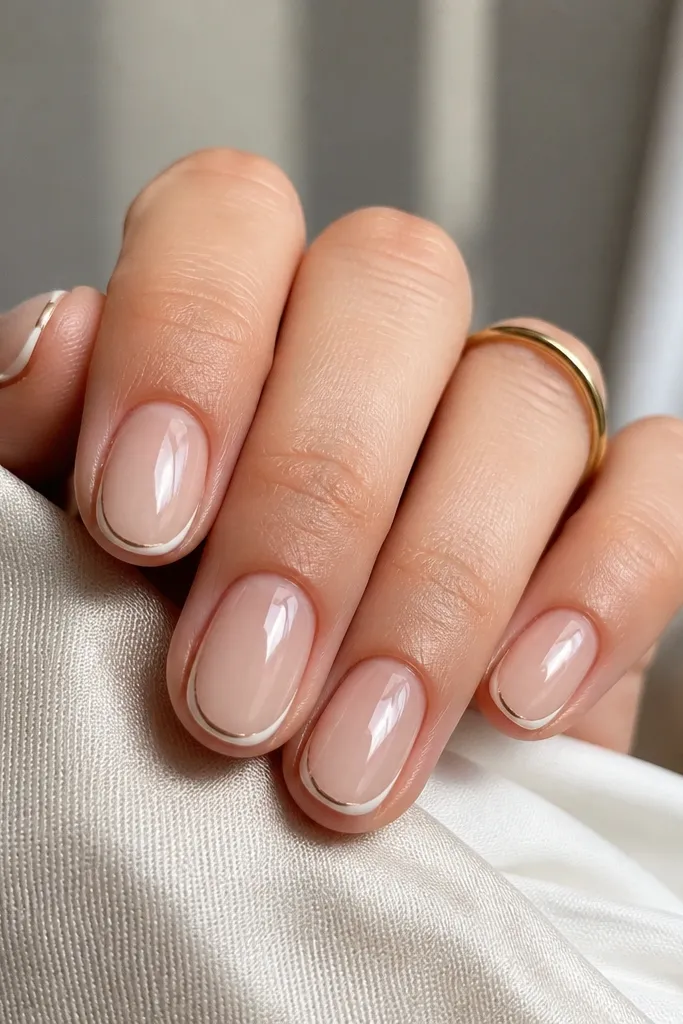 Short oval nails with a milky nude base and a very thin white micro French line. A hairline silver outline traces the French edge, with a glossy top coat that reflects light sharply.