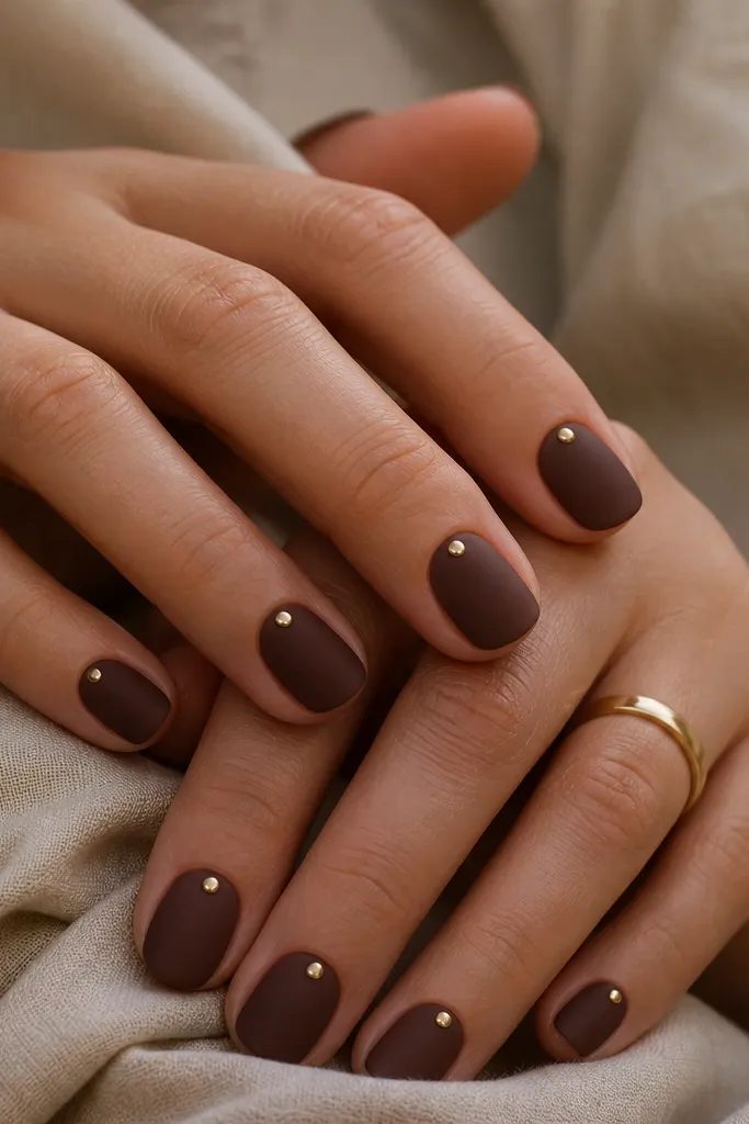 Short oval nails in a deep cocoa-brown matte finish. Each nail has one tiny gold dot placed right at the cuticle center, with no other decoration. The matte texture looks soft like velvet.