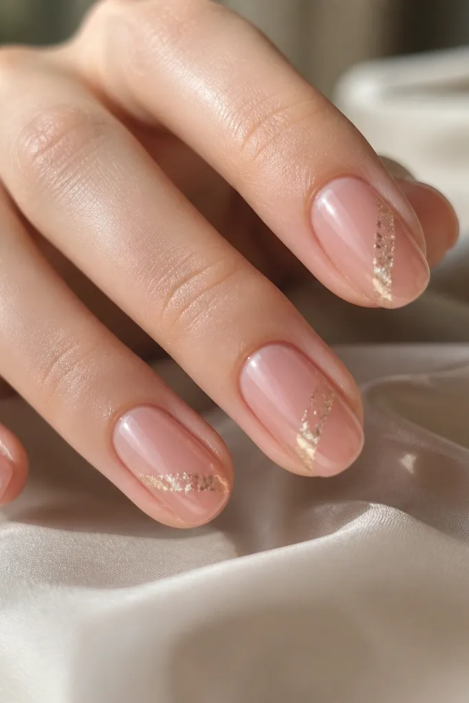 Short oval nails with a sheer rose pink base. One diagonal strip of champagne foil runs from mid-nail toward the outer corner, creating a metallic flare under glossy light.