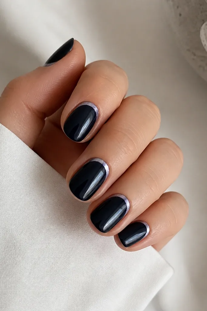 Short oval nails painted blackened navy with a high-gloss finish. Around the cuticle area there is a thin, pale shimmer halo line, like a soft crescent in silver-blue.