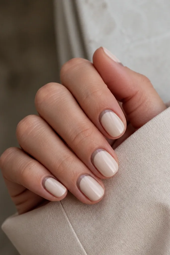 Short oval nails with an ivory nude base. The reverse French curves along the cuticle in warm taupe, creating a clean arch underneath the nude. Everything is glossy and smooth.