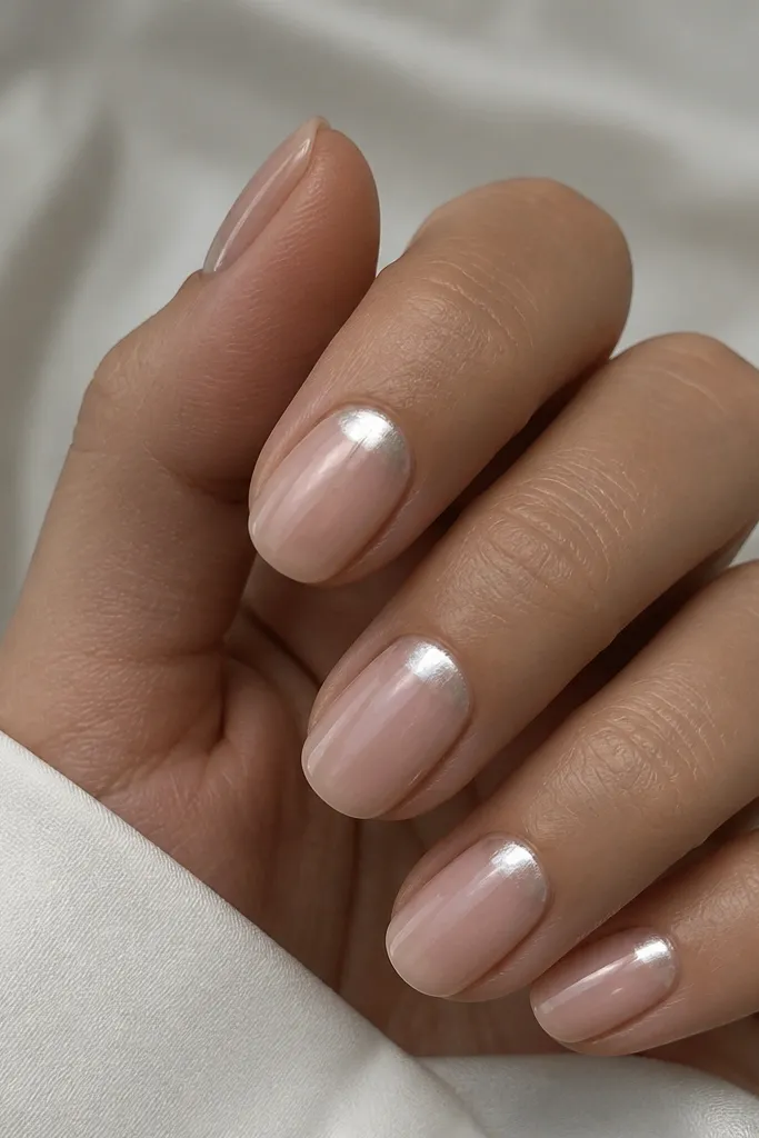 Short oval nails on a sheer nude base. A pearly chrome half-moon sits at the cuticle, fading outward toward the center. The rest of the nail stays minimal and glossy.