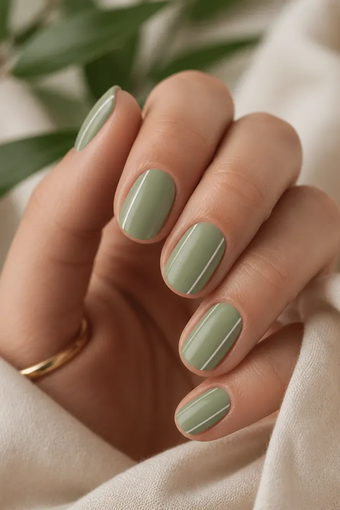 Short oval nails in a soft satin sage green. Each nail has two thin white stripes running vertically down the sides of the nail, leaving the center mostly plain. Finish looks satin, not glossy.