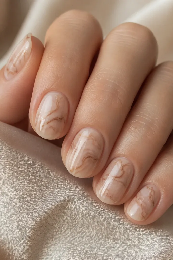 Short oval nails with a nude beige base. Thin caramel-brown marble lines swirl lightly across the nails in a controlled pattern. The surface is glossy and smooth.