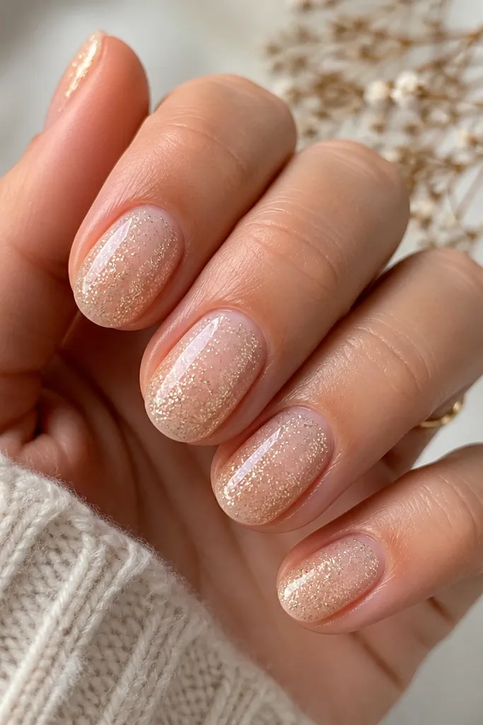 Short oval nails with a sheer nude base. Champagne glitter fades from the very tip down to about mid-nail, getting lighter toward the center. Nails are glossy and evenly blended.