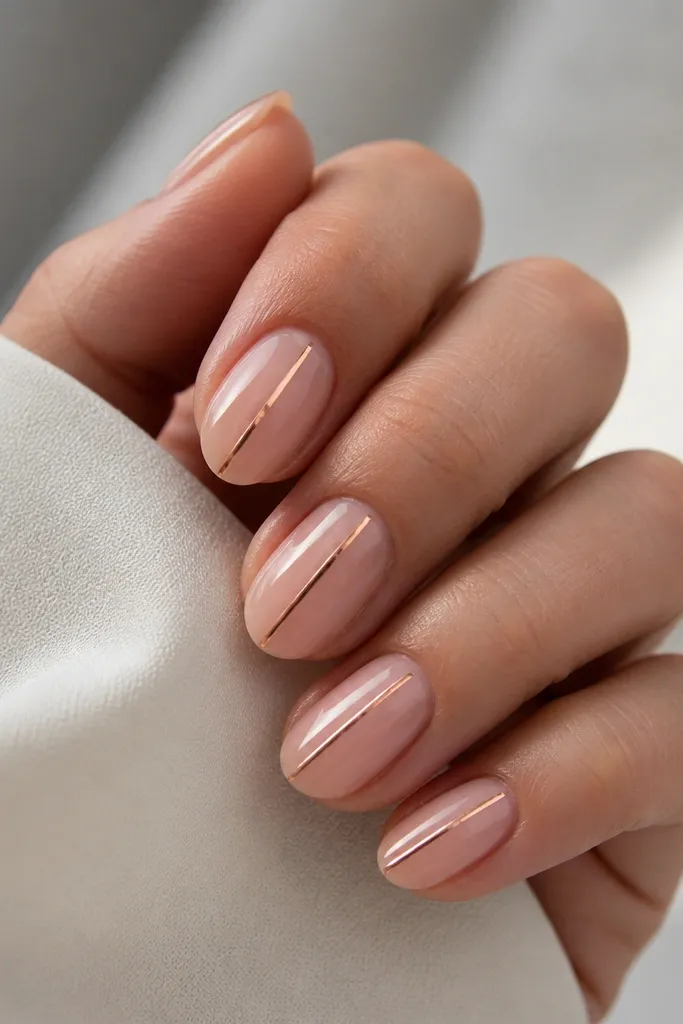 Short oval nails on a nude sheer base with a single thin rose-gold line running vertically down the center of each nail. The line is straight and reflective, with a glossy finish.