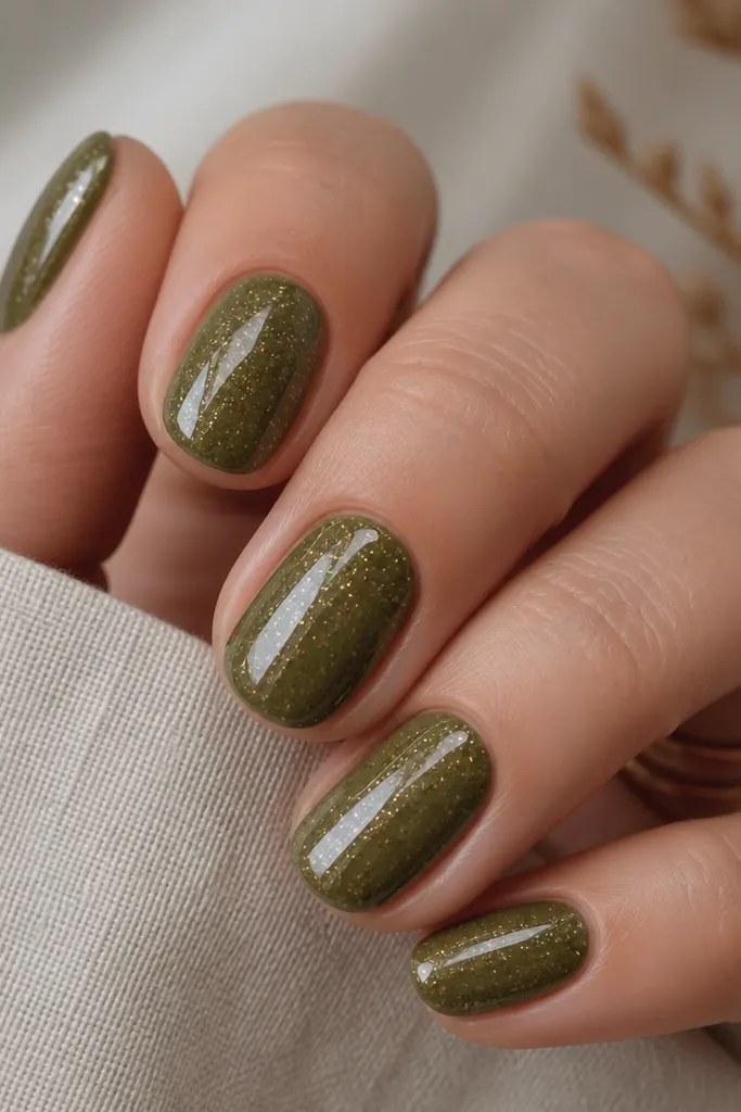 Short oval nails painted an olive green with a very glossy, glassy finish. Tiny micro gold specks are scattered lightly across the nail surface, denser near the center and tip.