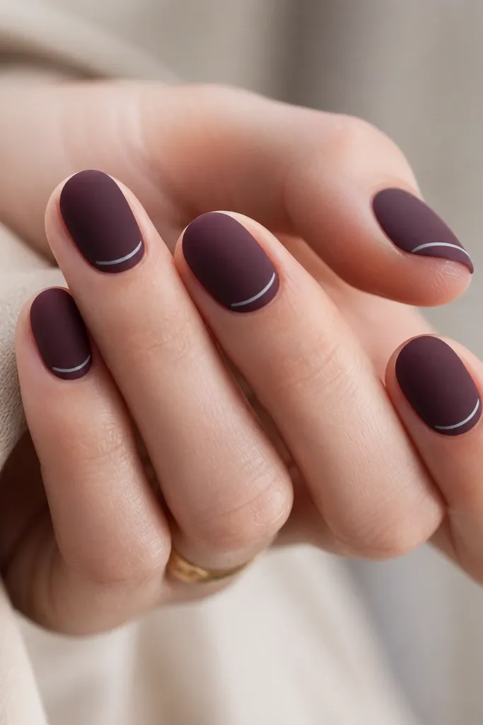 Short oval nails in deep plum matte finish. Each nail has a small white curved line at the tip, like a tiny smile, centered and thin.