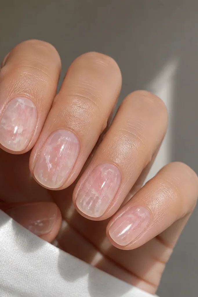 Short oval nails with a clear jelly look overlay. Under the clear layer, soft rose quartz pink streaks and cloudy lines run diagonally, with a glossy, glassy finish.