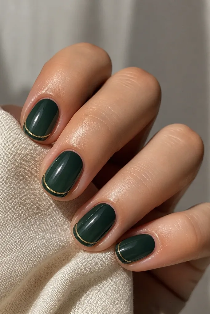 Short oval nails painted deep pine green. The tips are done as a very thin micro-French line, and a tiny gold pinstripe runs parallel to the green tip line on each nail. Cuticles are clean and glossy.
