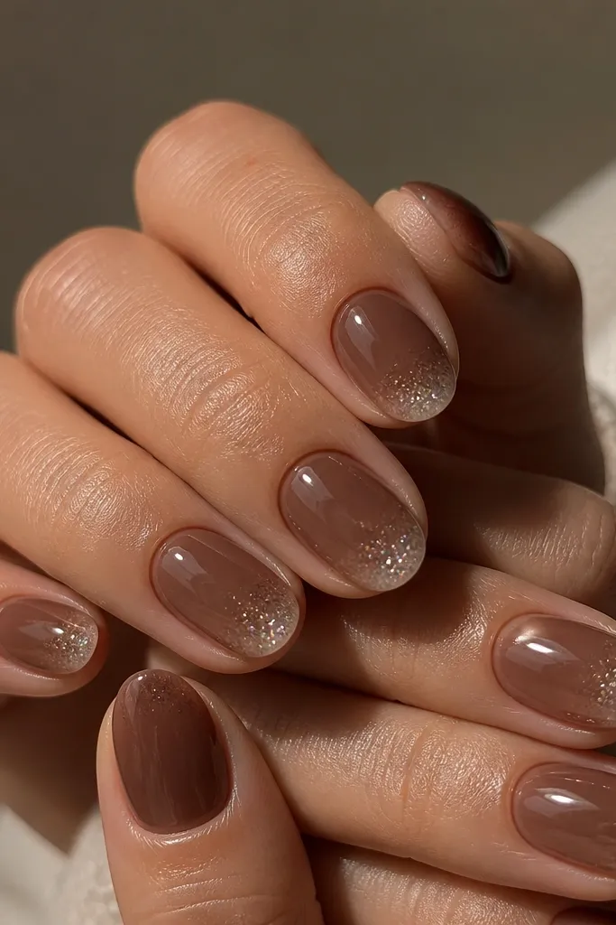 Short oval nails with a smoked espresso nude base that looks semi-translucent. At the tip there's a clear jelly "snow cap" gradient, with tiny sparkle suspended inside the jelly. The cuticles look sharp and glossy.