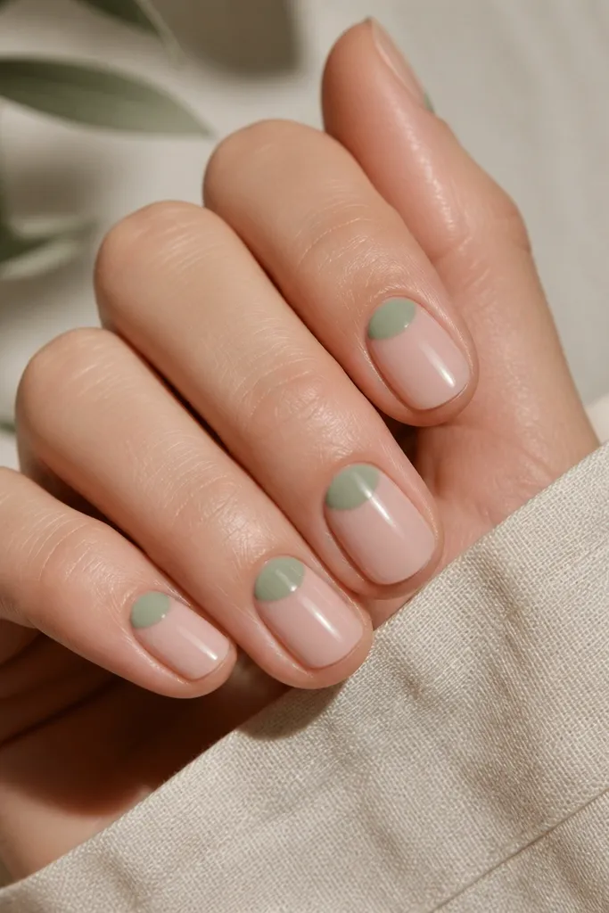Short oval nails where the base is nude. The half-moon near the cuticle is painted sage green, forming a clean arc with a crisp line. The rest of the nail is sheer nude, glossy.