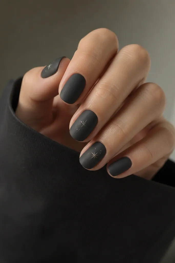 Short oval nails in deep charcoal. Most nails are matte with a velvety finish, and one or two nails have tiny metallic silver star dots near the center of the nail. Everything looks smooth and non-shiny.
