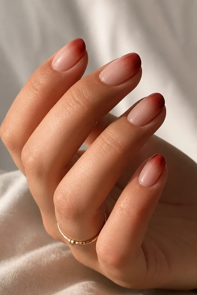 Short oval nails with a creamy nude base. The tips fade from nude into a warm red-brown ombré, with a soft gradient and a glossy finish.