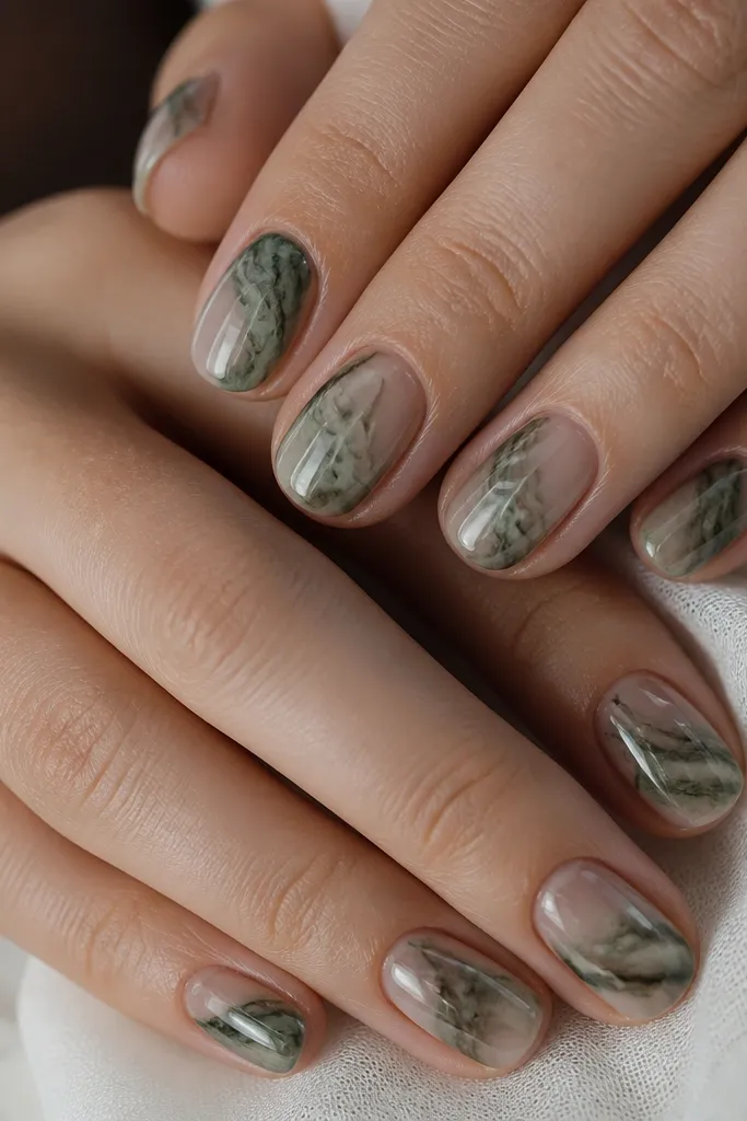 Short oval nails with a sheer nude base. Over it, there are marble swipes in forest green and darker streaks, with a glossy clear finish that makes the swirls look wet.