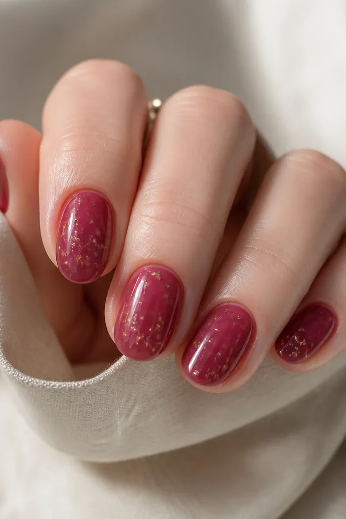 Short oval nails painted in a translucent berry glaze. The berry looks like layered gel with depth, and there are tiny gold leaf flecks scattered near the center and lower half.