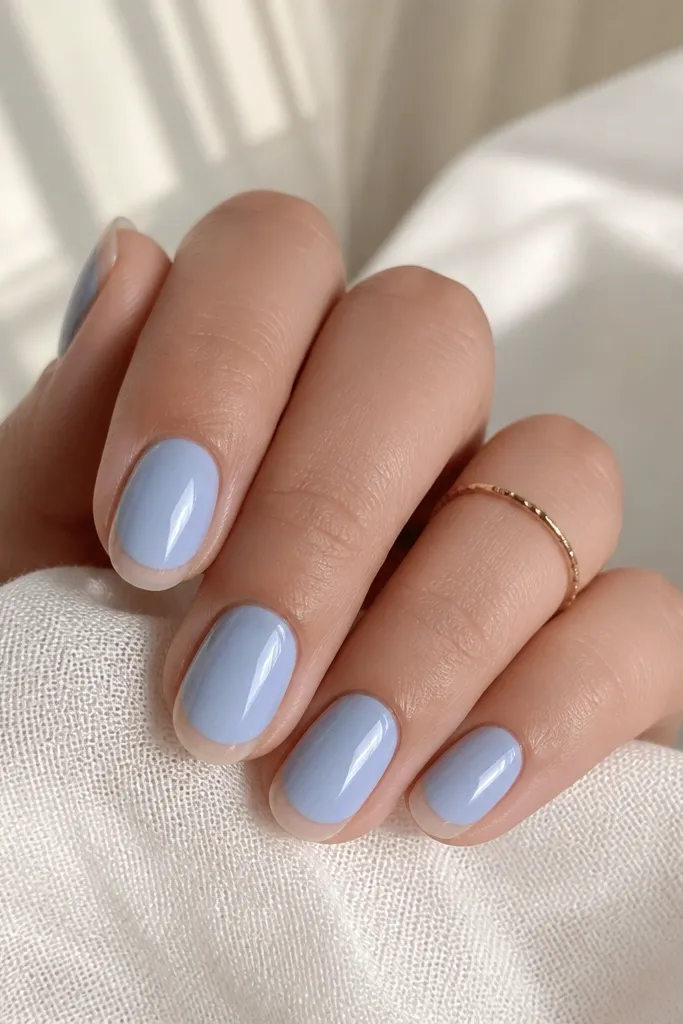 Short oval nails in pale cloud blue. The tip has a thin clear outline line, like a negative-space border, and the rest is glossy with a smooth shine.
