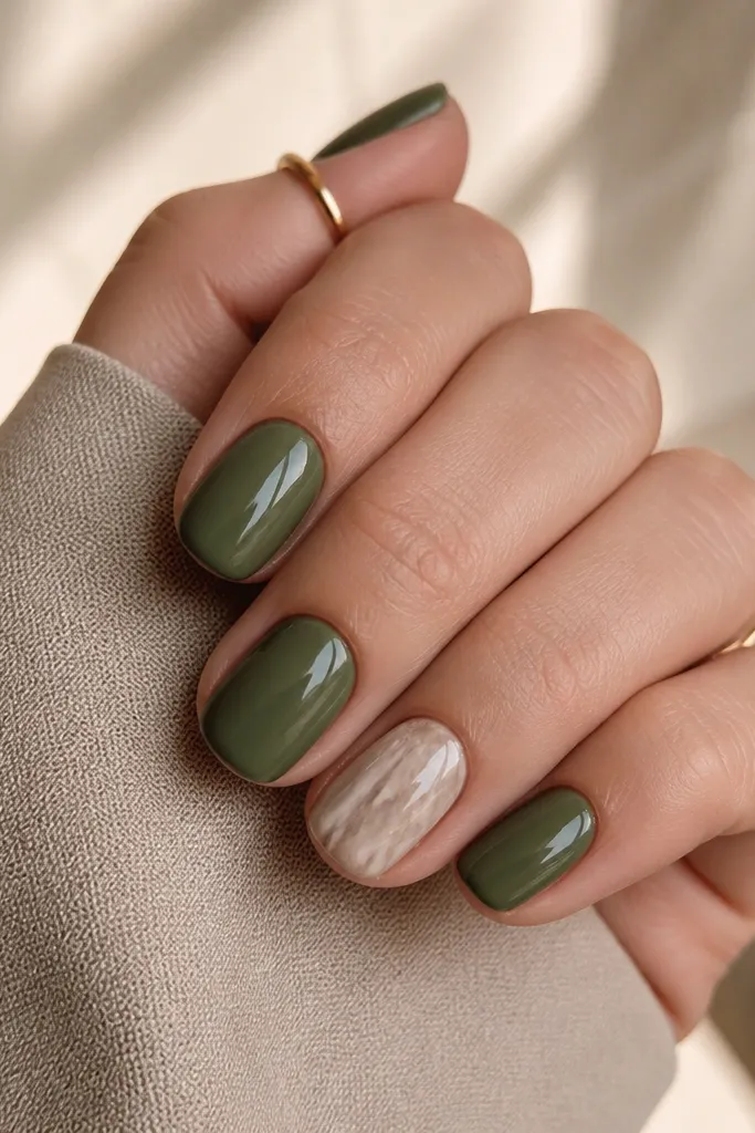 Short oval nails in olive green on most nails. One nail has neutral marble in taupe and cream, and the set has glossy, even shine.