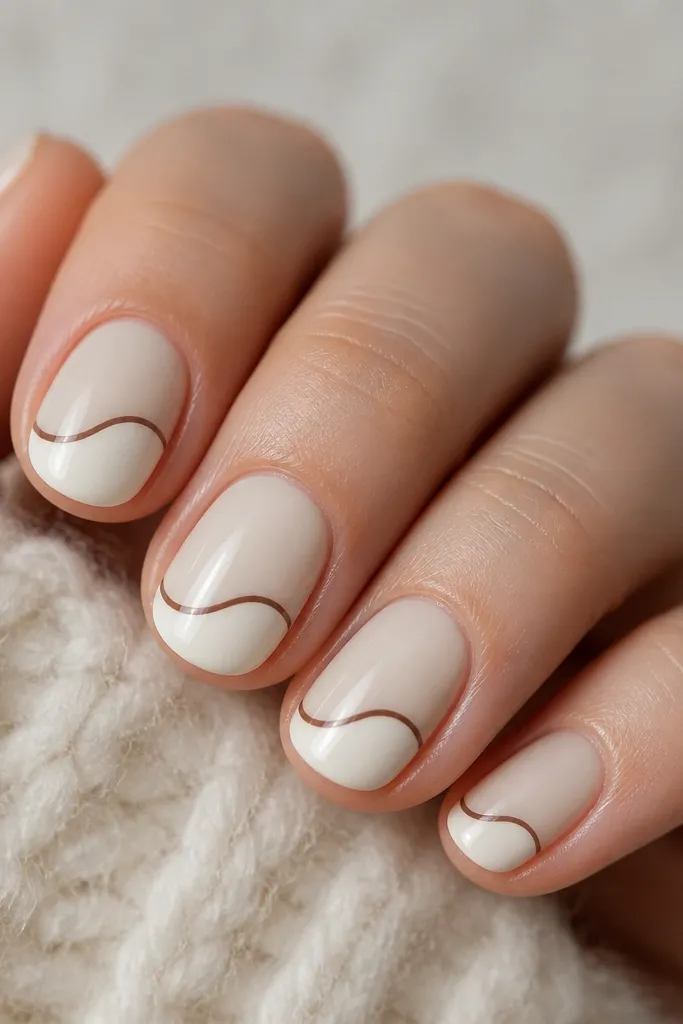 Short oval nails with creamy white polish. Across the tips are soft, curved "snow drift" shapes, and fine espresso-brown lines trace the drift edges. Glossy topcoat.