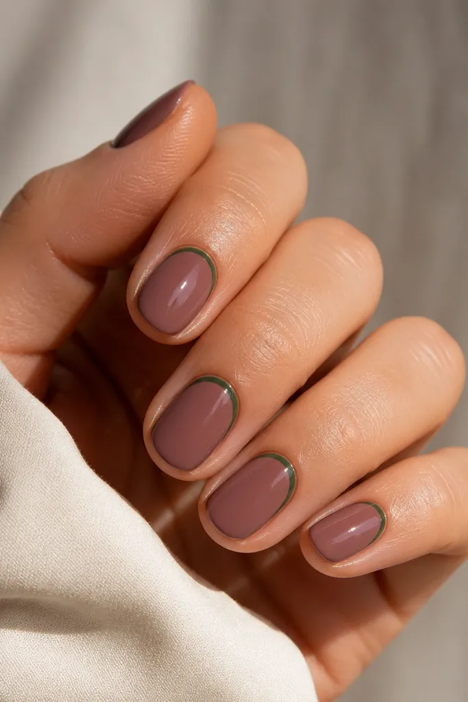 Short oval nails with a rosewood pink-brown glossy base. Around the cuticle there's a thin dark green halo line, clean and centered, with a sharp curve.